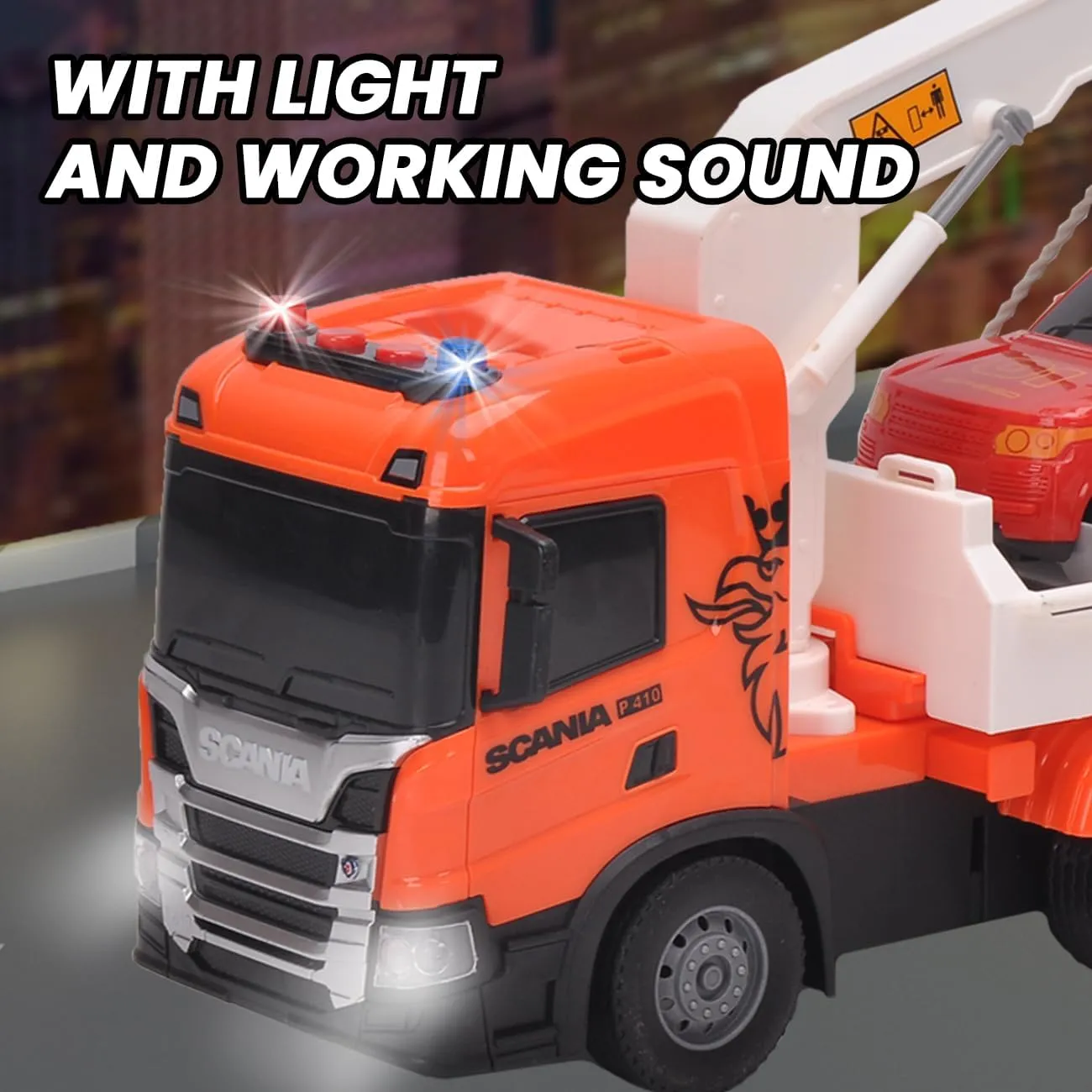 Tow Truck Toy, Scania 10“ Friction Powered Transport Truck Crane Vehicle Toy with Racing Car, Lights and Sounds for Toddler Boys Girls