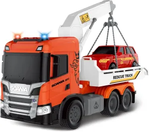 Tow Truck Toy, Scania 10“ Friction Powered Transport Truck Crane Vehicle Toy with Racing Car, Lights and Sounds for Toddler Boys Girls