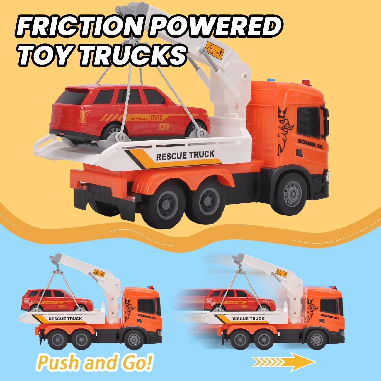 Tow Truck Toy, Scania 10“ Friction Powered Transport Truck Crane Vehicle Toy with Racing Car, Lights and Sounds for Toddler Boys Girls