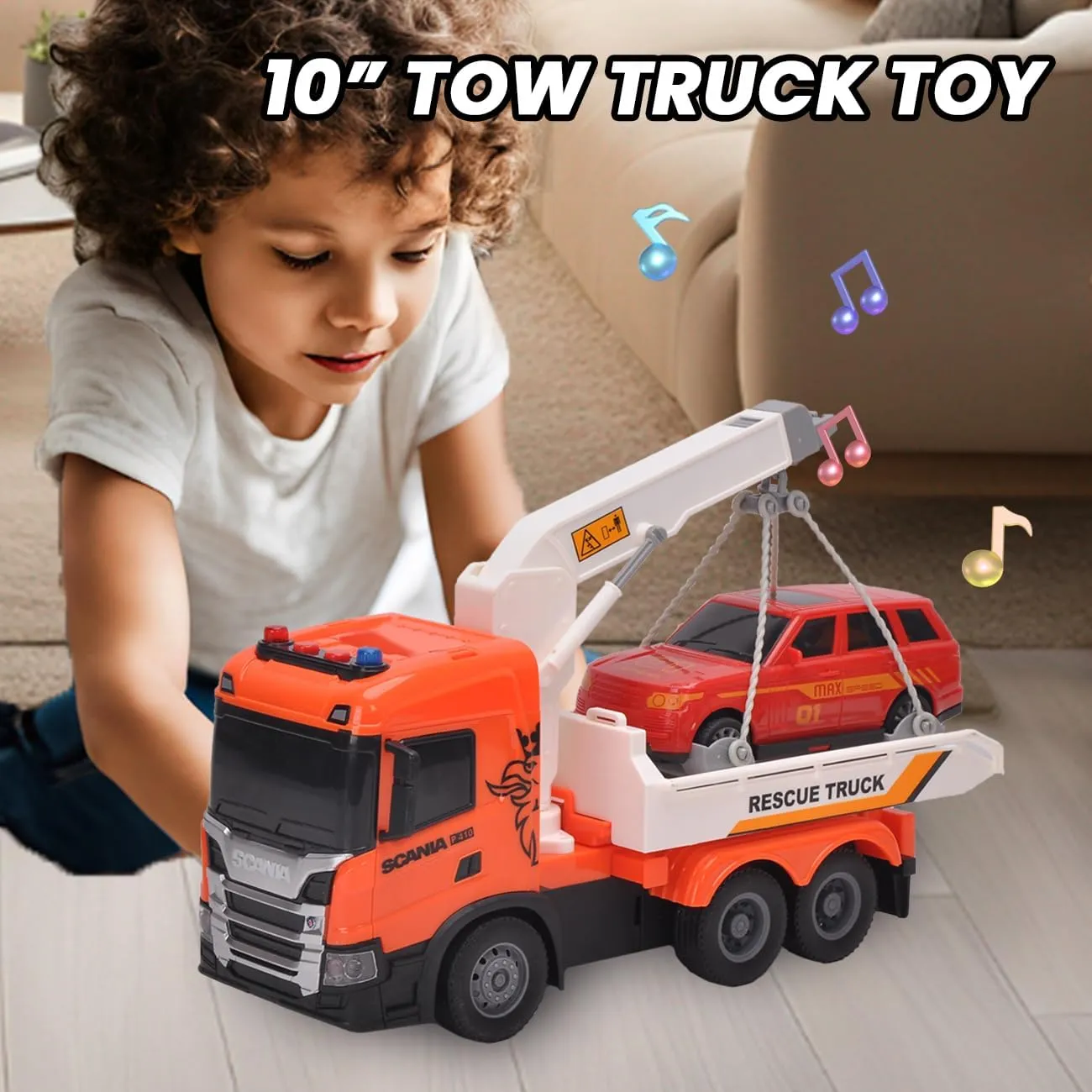 Tow Truck Toy, Scania 10“ Friction Powered Transport Truck Crane Vehicle Toy with Racing Car, Lights and Sounds for Toddler Boys Girls