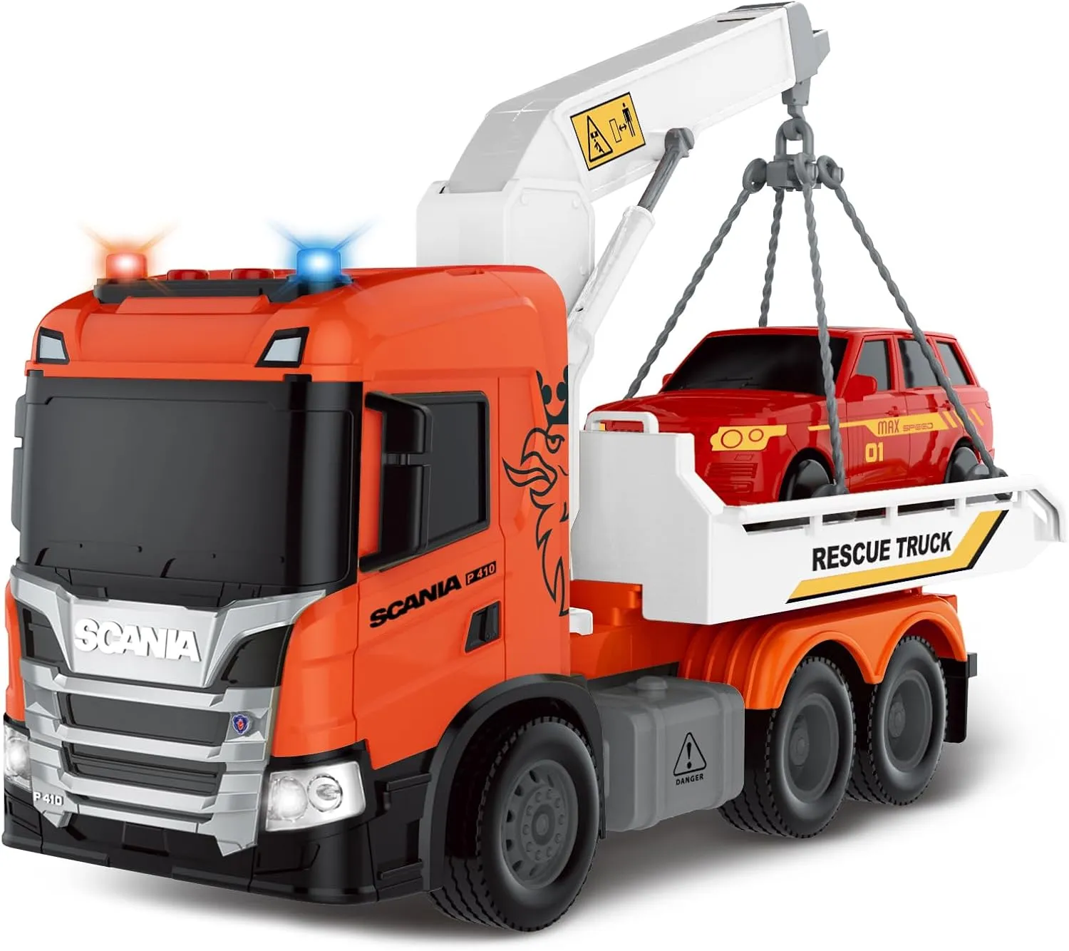 Tow Truck Toy, Scania 10“ Friction Powered Transport Truck Crane Vehicle Toy with Racing Car, Lights and Sounds for Toddler Boys Girls