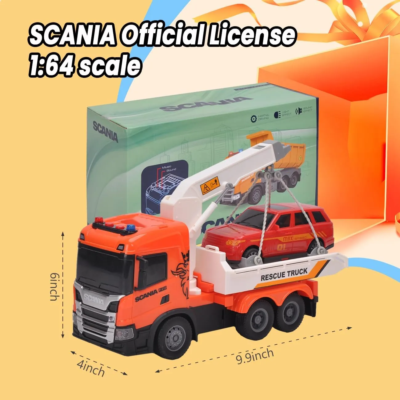 Tow Truck Toy, Scania 10“ Friction Powered Transport Truck Crane Vehicle Toy with Racing Car, Lights and Sounds for Toddler Boys Girls