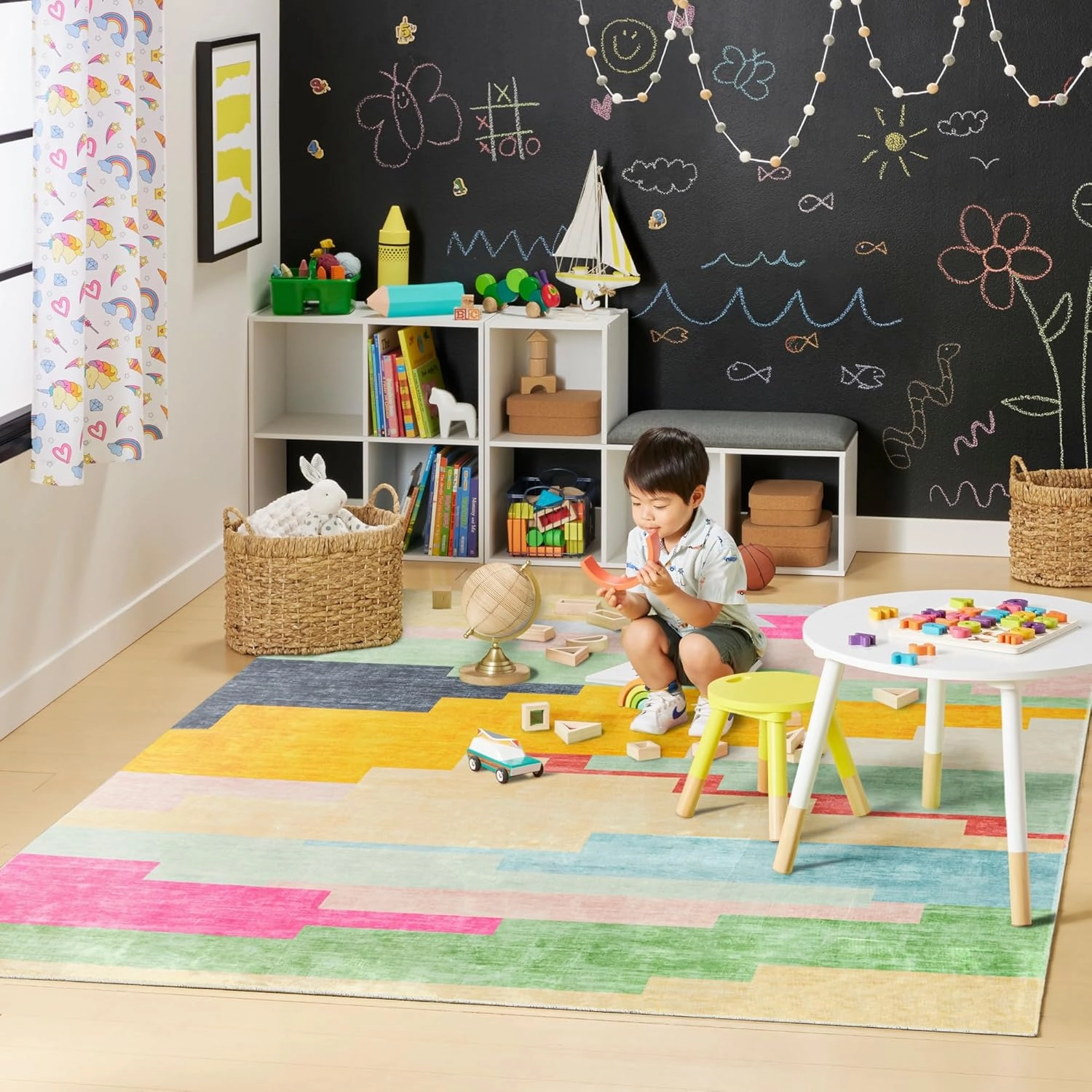 TOWN & COUNTRY PLAY Nara Southwest Pop Kid's Washable Area Rug, Soft & Plush, Safe Non-Slip Backing, Bedroom Rug, Dorm Decor, Playroom & Classroom Rugs, Pink/Multi, 5'2"x7’2”