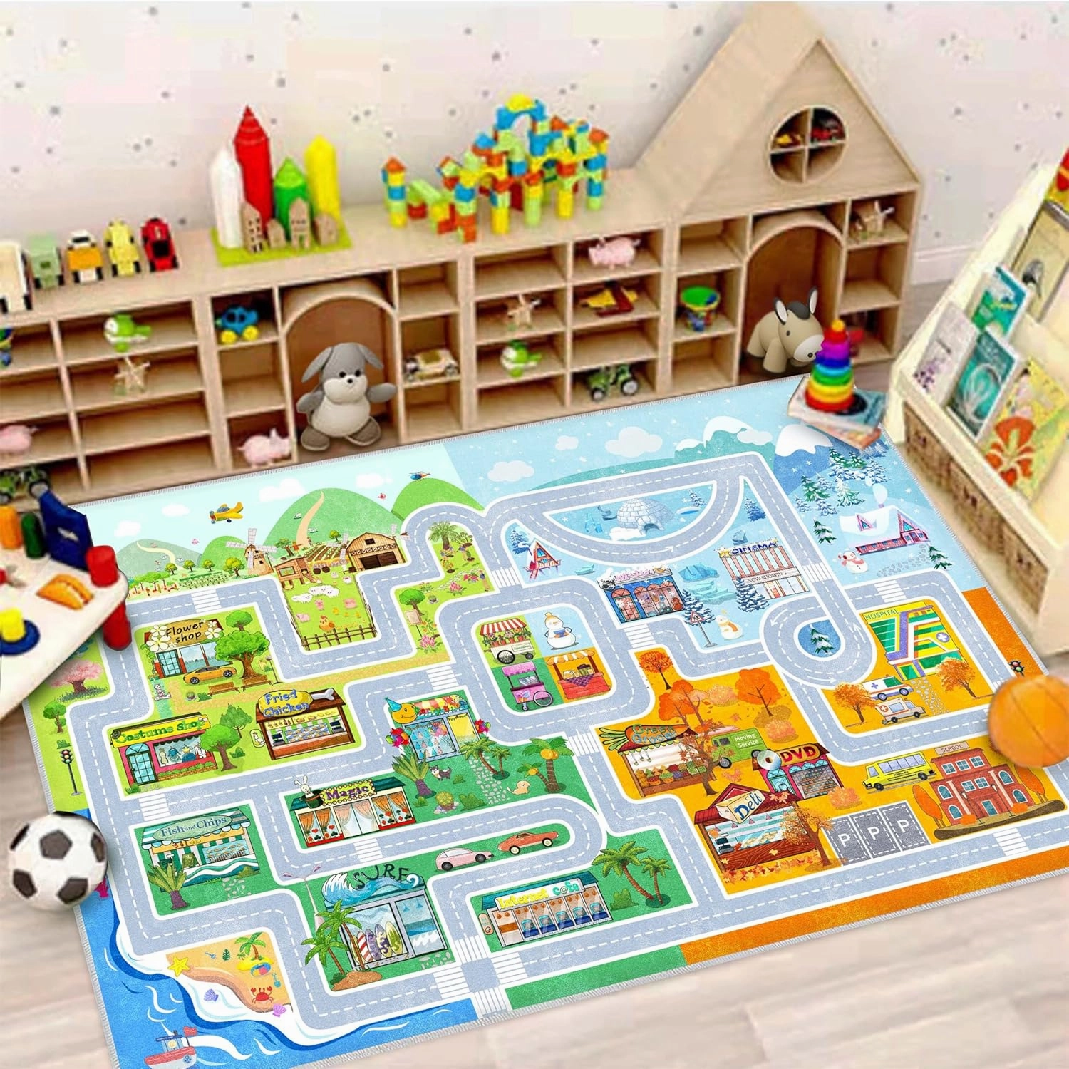 Town car Toy Four Seasons Road map Suitable for Bedroom, Rectangular Washable Non-Slip Kids Rug for Girls Bedroom and Boys Bedroom, Educational Area Rug for Nursery Room Classroom.