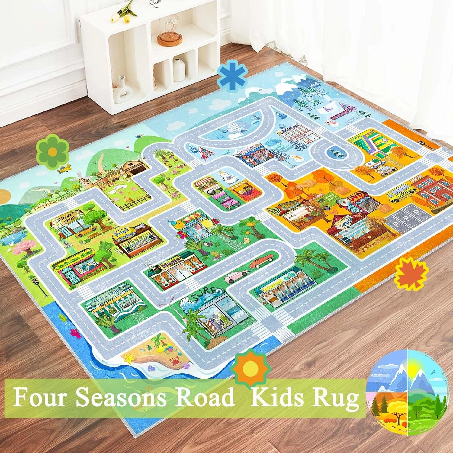 Town car Toy Four Seasons Road map Suitable for Bedroom, Rectangular Washable Non-Slip Kids Rug for Girls Bedroom and Boys Bedroom, Educational Area Rug for Nursery Room Classroom.