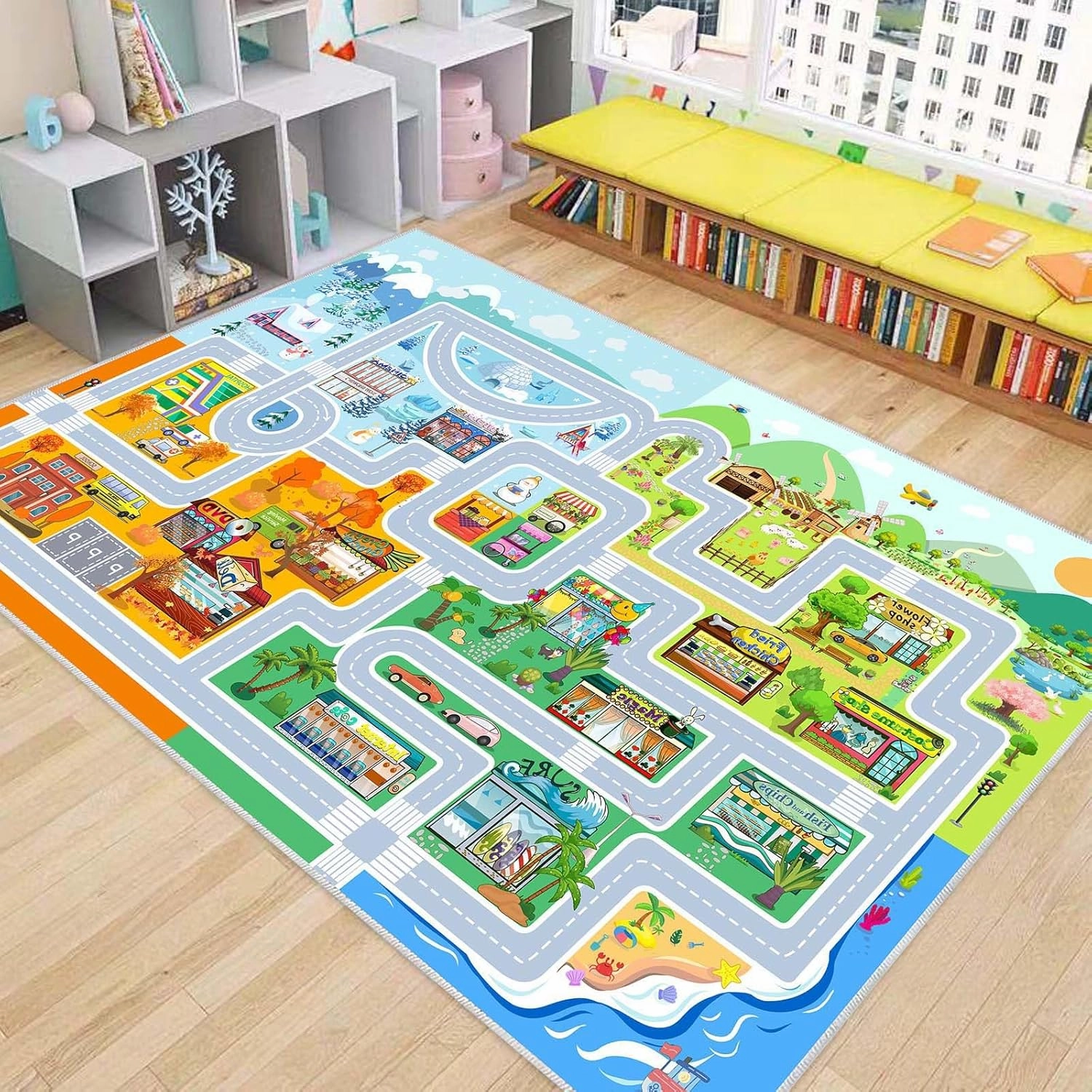 Town car Toy Four Seasons Road map Suitable for Bedroom, Rectangular Washable Non-Slip Kids Rug for Girls Bedroom and Boys Bedroom, Educational Area Rug for Nursery Room Classroom.