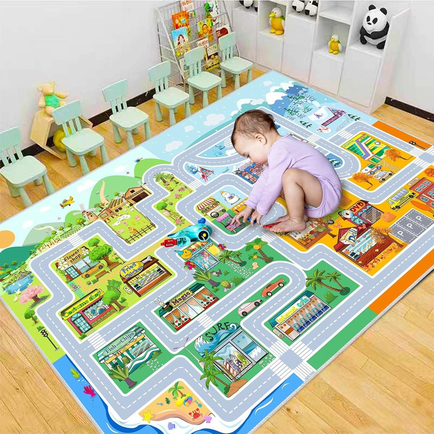 Town car Toy Four Seasons Road map Suitable for Bedroom, Rectangular Washable Non-Slip Kids Rug for Girls Bedroom and Boys Bedroom, Educational Area Rug for Nursery Room Classroom.