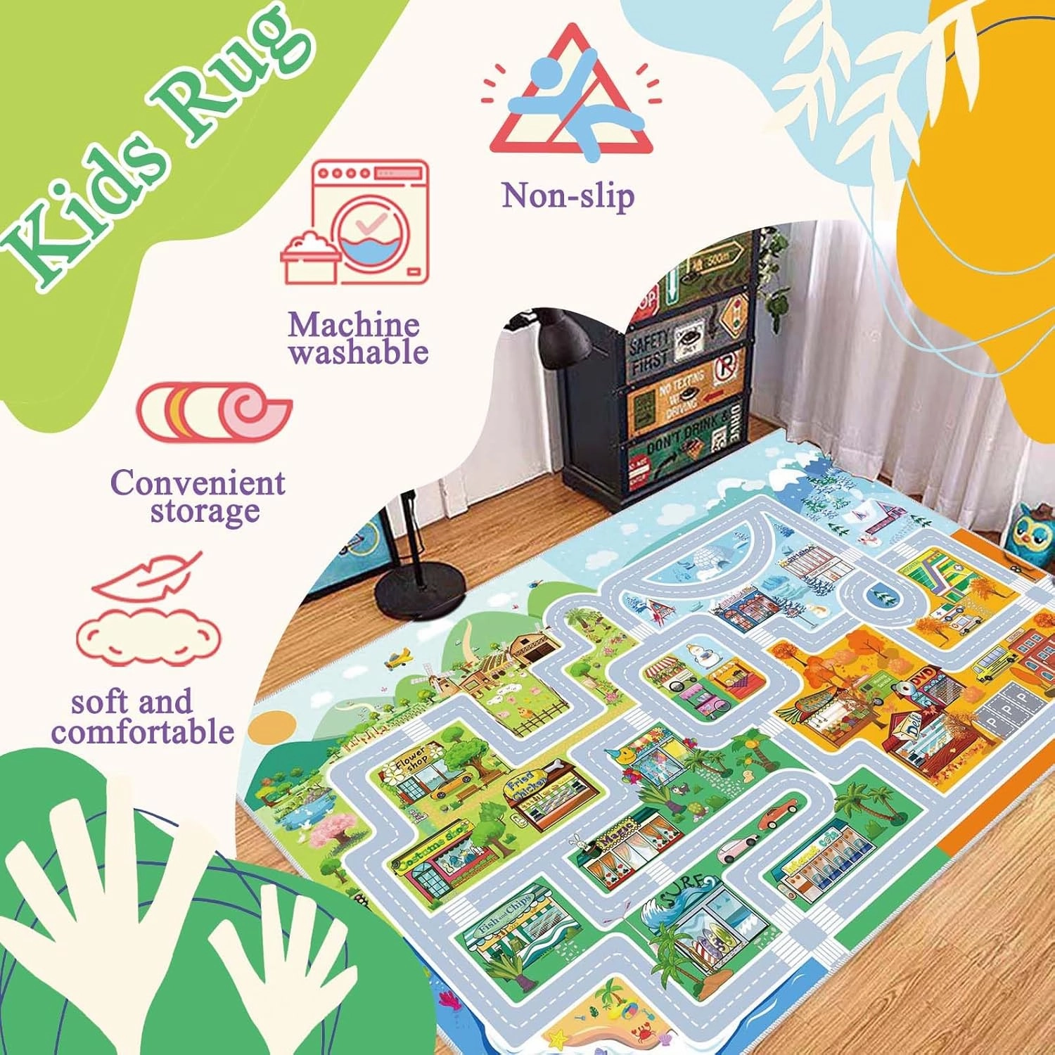 Town car Toy Four Seasons Road map Suitable for Bedroom, Rectangular Washable Non-Slip Kids Rug for Girls Bedroom and Boys Bedroom, Educational Area Rug for Nursery Room Classroom.