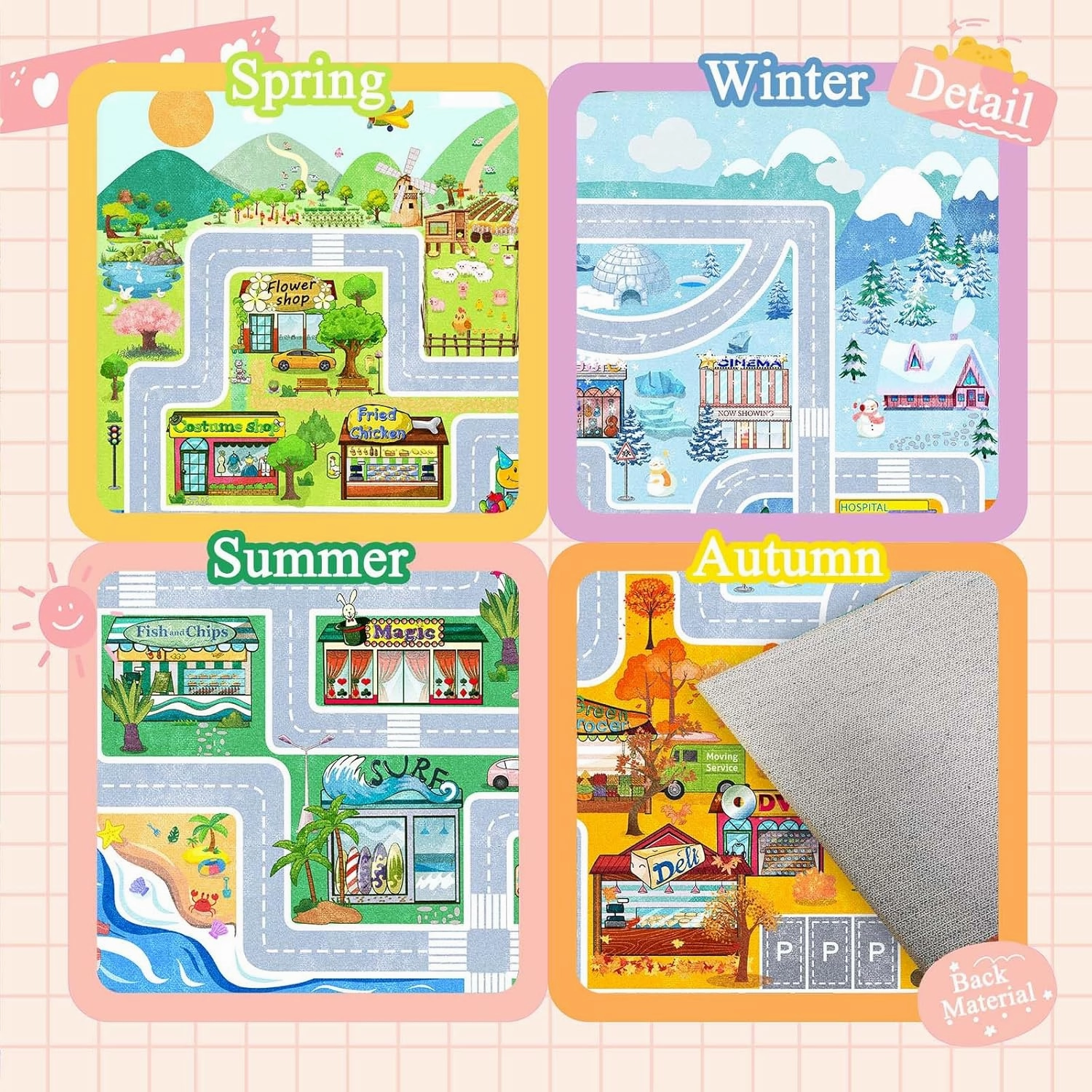 Town car Toy Four Seasons Road map Suitable for Bedroom, Rectangular Washable Non-Slip Kids Rug for Girls Bedroom and Boys Bedroom, Educational Area Rug for Nursery Room Classroom.
