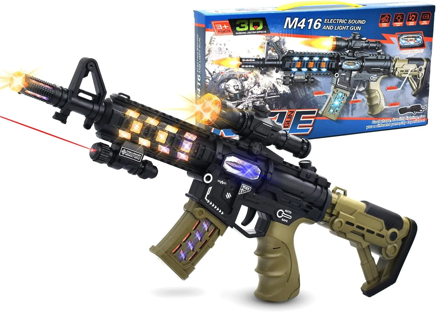 Toy Machine Gun Light Up Toy with Infrared Ray & LED Lights & Sound Effect & Barrel Telescopic Actions, Pretend Play Props Toy Guns, Gifts for Boys Kids (Batteries Not Included) (JQ211)