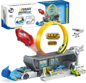 Toy Truck Car Track Set, Transport Carrier Toys, Loop and Launcher Race & Parking Lot Design, Racing Car Vehicle Birthday Playset for Kids Ages 3-12 (ASTM Certified)
