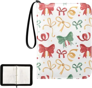 Trading Card Binder with Sleeves Xmas Colorful Bow and Ribbons C4 Pocket Card Binder PU Card Collection Binder 400 Cards Holder Collector Album