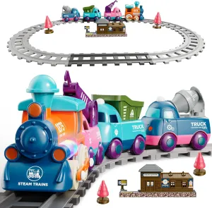 Train Set for Toddlers, Magnetic Train Toys for Toddlers 3  Electric Train Set with Train Tracks Accessories Battery Operated, 4pcs Trucks Toy Train for Boys and Girls