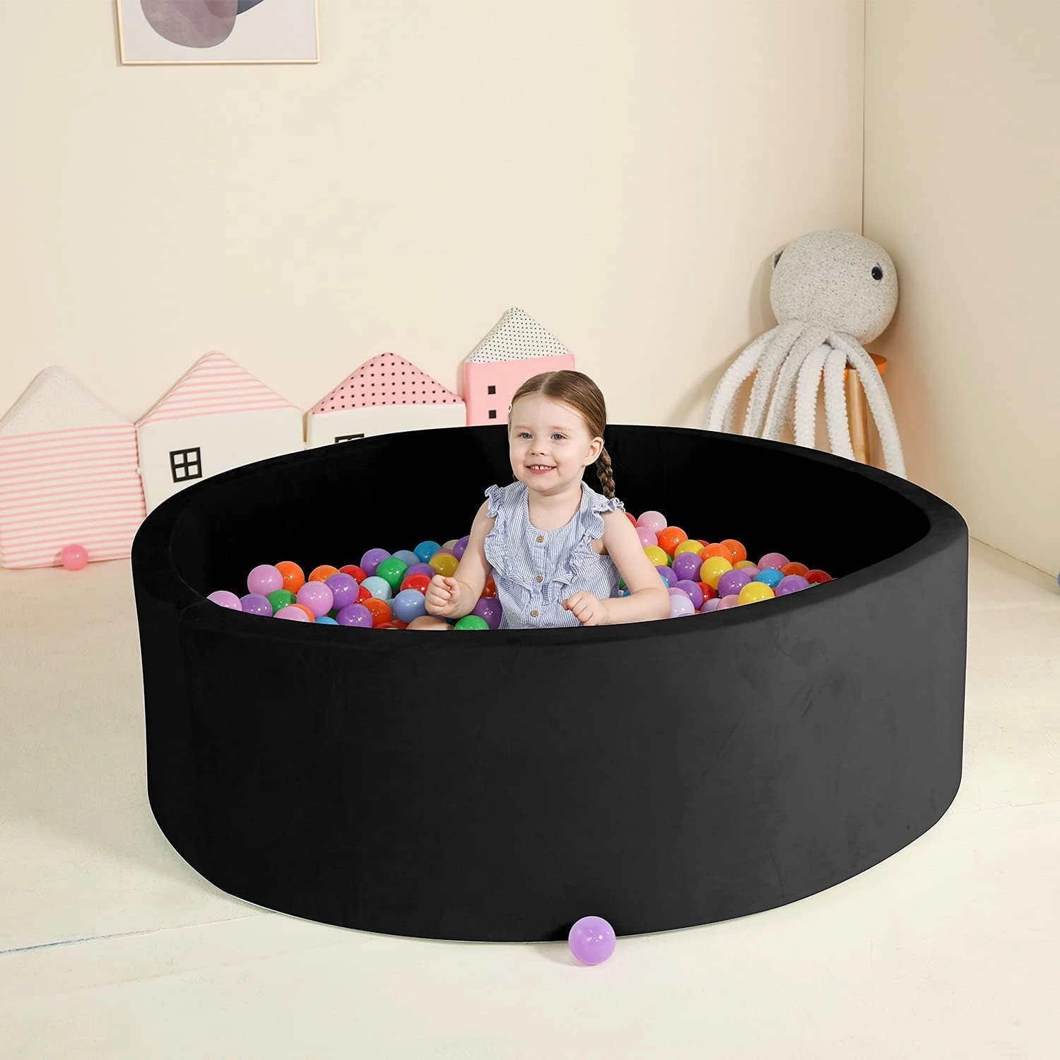 TRENDBOX Extra Large Foam Ball Pit for Toddlers, 47x14 inch Soft Baby Ball Pit with Washable Velvet Cover (Balls not Included)- Black