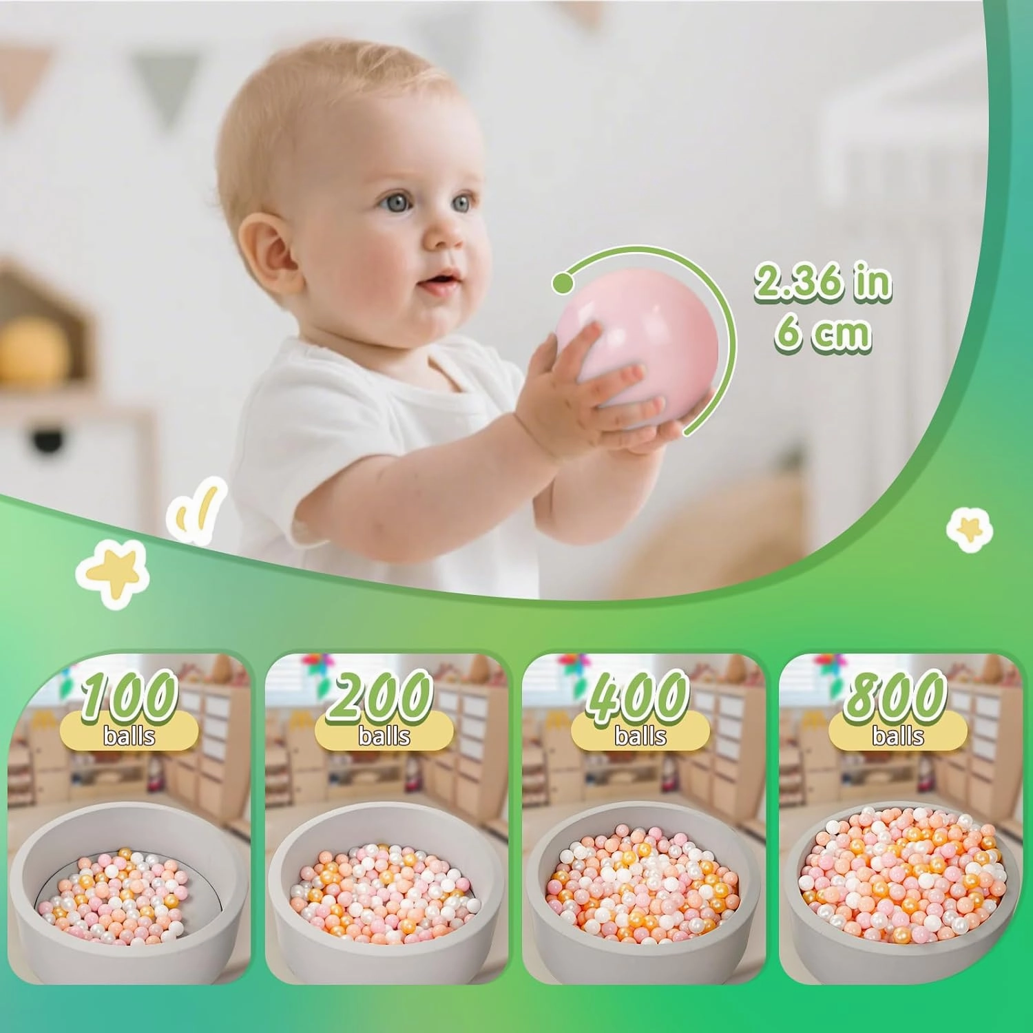 TRENDPLAY Plastic Balls for Ball Pits, Pack of 100 Hollow Balls, Perfect for Toddler Baby Pools,Party Decoration, 2.2 Inch 2.4 Inch 2.75 Inch