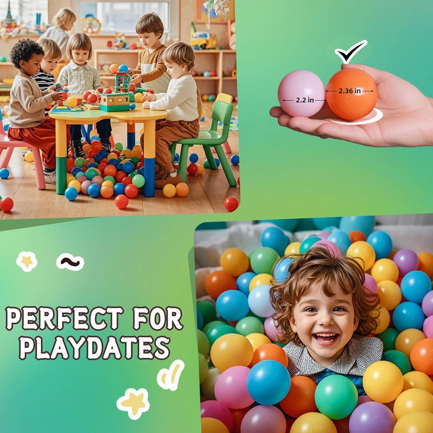 TRENDPLAY Plastic Balls for Ball Pits, Pack of 100 Hollow Balls, Perfect for Toddler Baby Pools,Party Decoration, 2.2 Inch 2.4 Inch 2.75 Inch