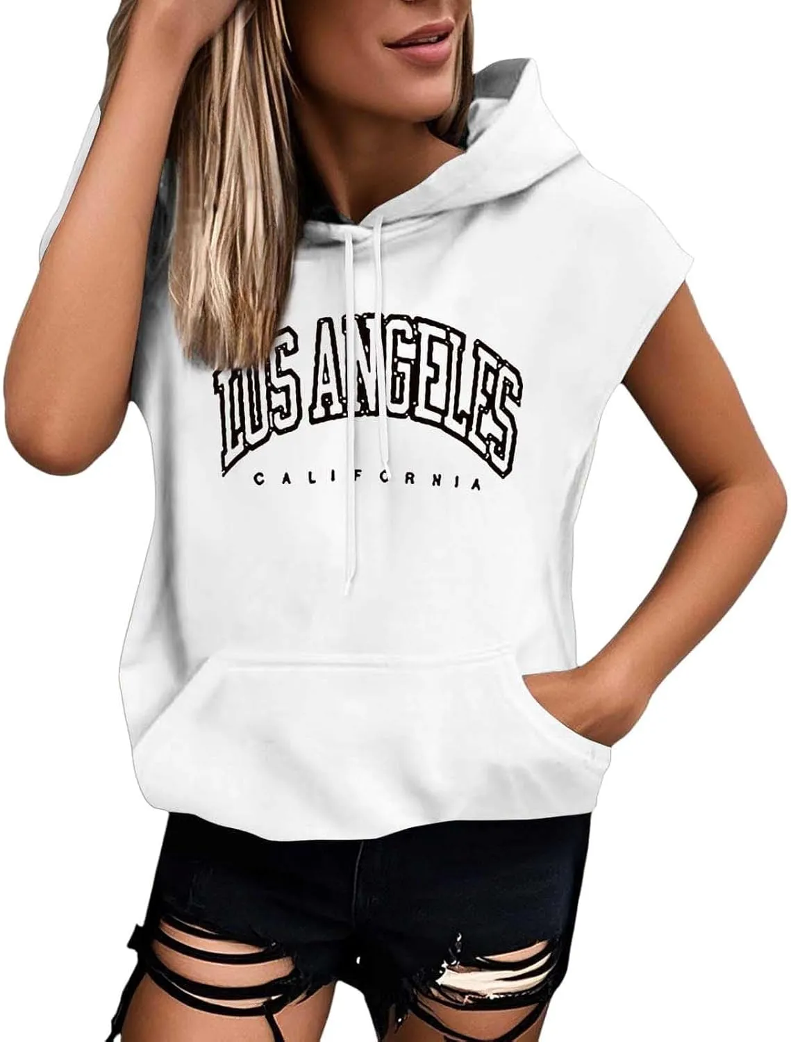 Trendy Los Angeles California Tees Shirts for Women 2025 Hooded Workout Summer Loose Fit Tops Casual Letter Tshirt