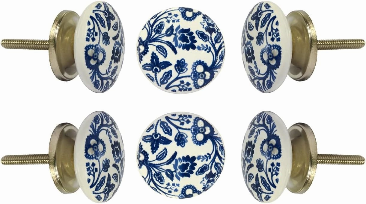 TRINCA-FERRO Set of 6 Ceramic Round Handmade White and Blue Floral Knob for Cabinets Dresser Drawers Laundry Room Closet Doors Knobs for Interior/Exterior | Office | Bedroom | Bathroom | Kitchen |