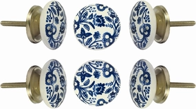 TRINCA-FERRO Set of 6 Ceramic Round Handmade White and Blue Floral Knob for Cabinets Dresser Drawers Laundry Room Closet Doors Knobs for Interior/Exterior | Office | Bedroom | Bathroom | Kitchen |