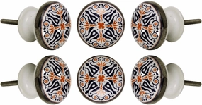 Trinca Ferro Set of 6 Round Tangier Floral Ceramic Handmade Pull and Push Knobs for Dresser Drawer Decorative Knobs for Bedroom, Bathroom, Kitchen