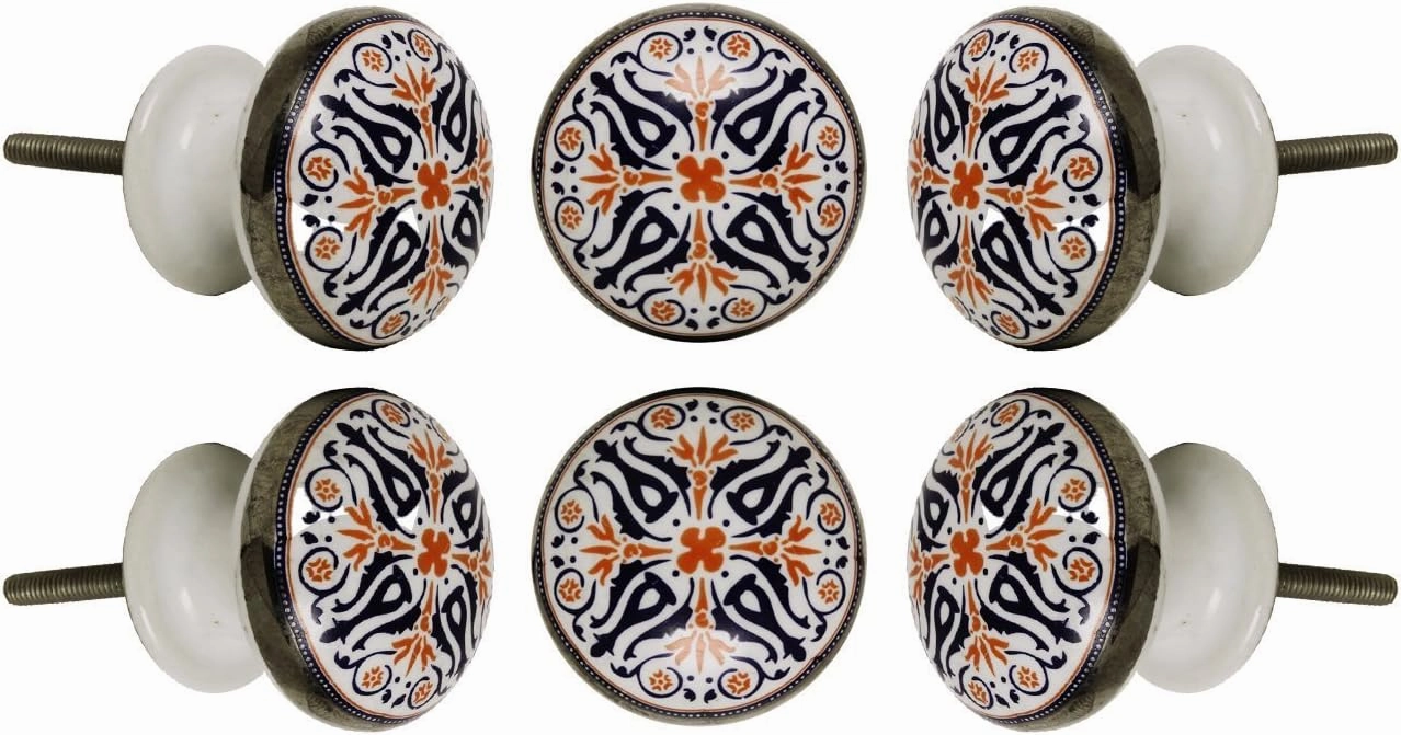 Trinca Ferro Set of 6 Round Tangier Floral Ceramic Handmade Pull and Push Knobs for Dresser Drawer Decorative Knobs for Bedroom, Bathroom, Kitchen