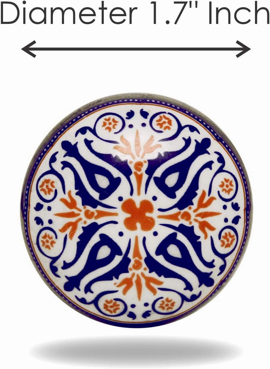 Trinca Ferro Set of 6 Round Tangier Floral Ceramic Handmade Pull and Push Knobs for Dresser Drawer Decorative Knobs for Bedroom, Bathroom, Kitchen