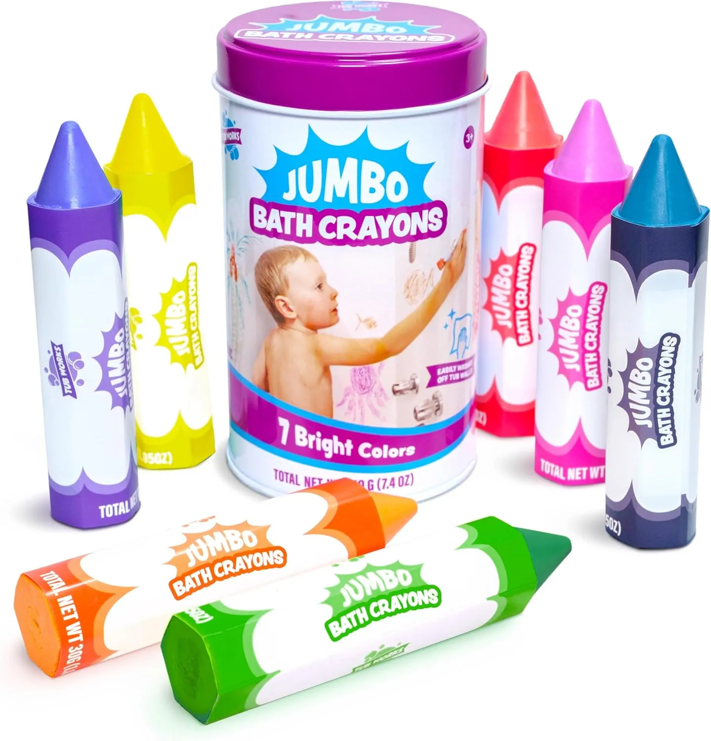 Tub Works® Smooth™ Jumbo Bath Crayons Bath Toy | Nontoxic, Washable Bath Crayons for Toddlers & Kids | Unique Formula Draws Smoothly & Vividly on Wet & Dry Tub Walls | Large, Easy-Grip Bathtub Crayons