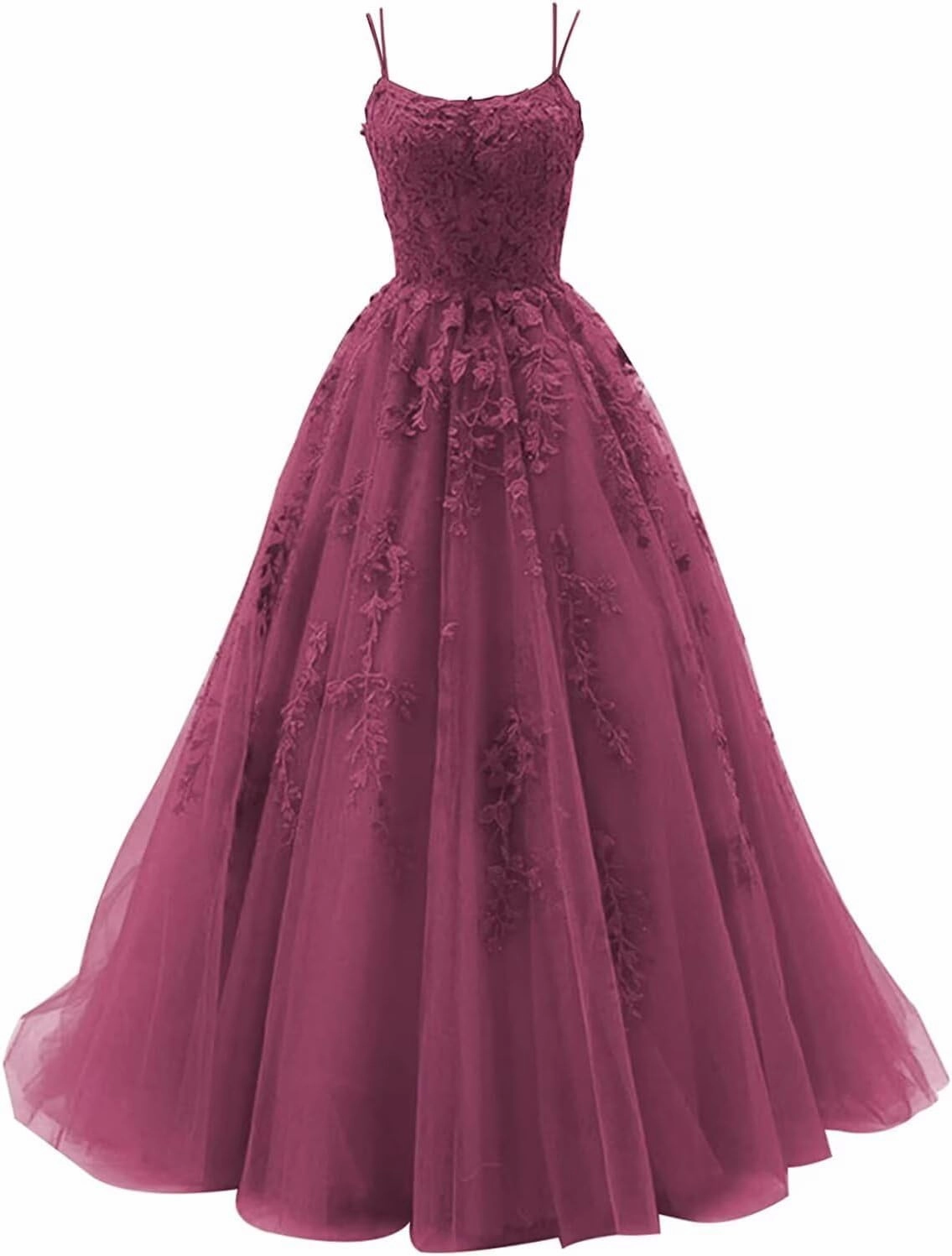 Tulle Spaghetti Straps Prom Dresses Long Lace Appliques Ball Gowns for Women