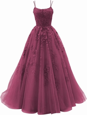 Tulle Spaghetti Straps Prom Dresses Long Lace Appliques Ball Gowns for Women