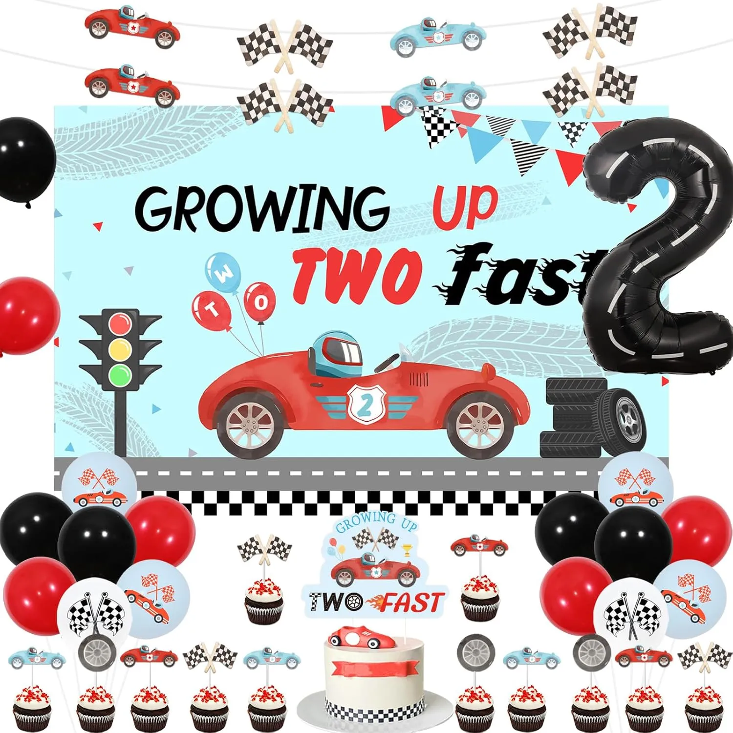 Two Fast Birthday Decorations Growing Up Two Fast Birthday Backdrop Racing Car Cupcake Toppers Garlands Number 2 Balloons Racing Car 2nd Birthday for Racing Car 2nd Birthday Boys