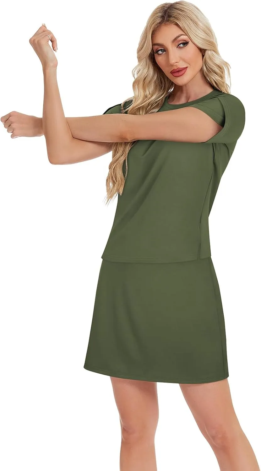 Two Piece Skirt Set for Women Overlap Sleeves Tennis Outfits with Short Skorts Lounge Matching Sweatsuits S-2XL