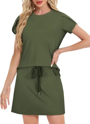 Two Piece Skirt Set for Women Overlap Sleeves Tennis Outfits with Short Skorts Lounge Matching Sweatsuits S-2XL