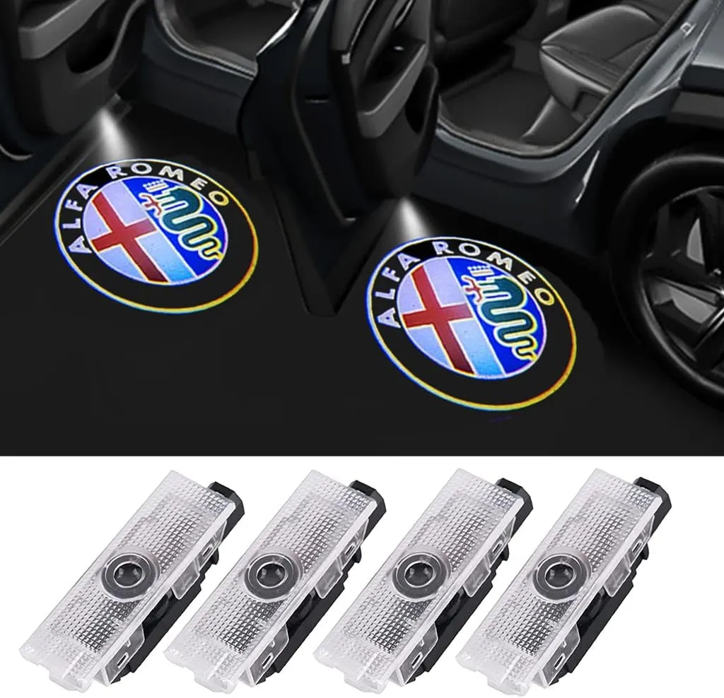 U/D LED Car Door Lights Logo Projector for Alfa Romeo Ghost Lights Puddle Wireless Welcome Courtesy Emblem Lamp Compatible Stelvio, Giulia Mito, Giulietta Car Accessories (4pcs)