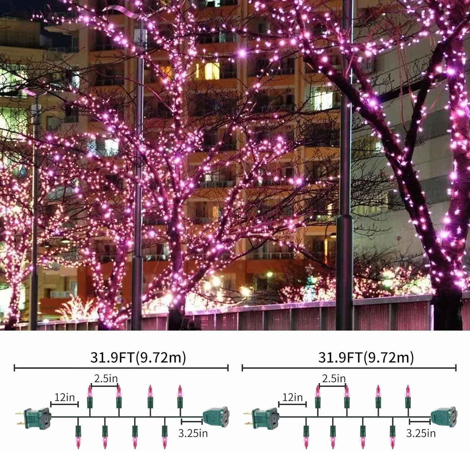 Ultra-Bright Connectable Pink Christmas Light Set 300Count Incandescent Bulb Mini String Light for Indoor Outdoor Christmas Tree Garland Wedding Garden Holiday Party Festival Decor