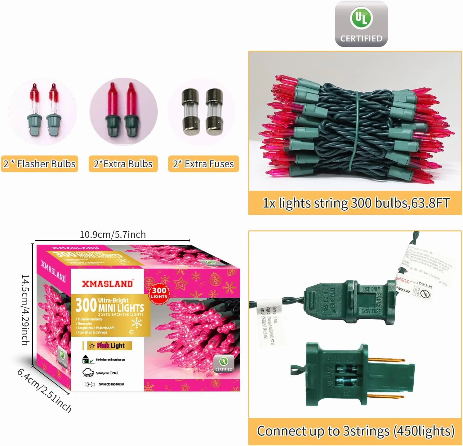 Ultra-Bright Connectable Pink Christmas Light Set 300Count Incandescent Bulb Mini String Light for Indoor Outdoor Christmas Tree Garland Wedding Garden Holiday Party Festival Decor