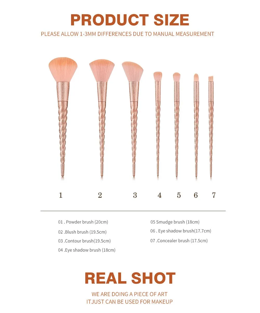Unicorn 7pc Makeup Brush Set - Synthetic Bristles for Foundation, Blush, Eyes, Contour