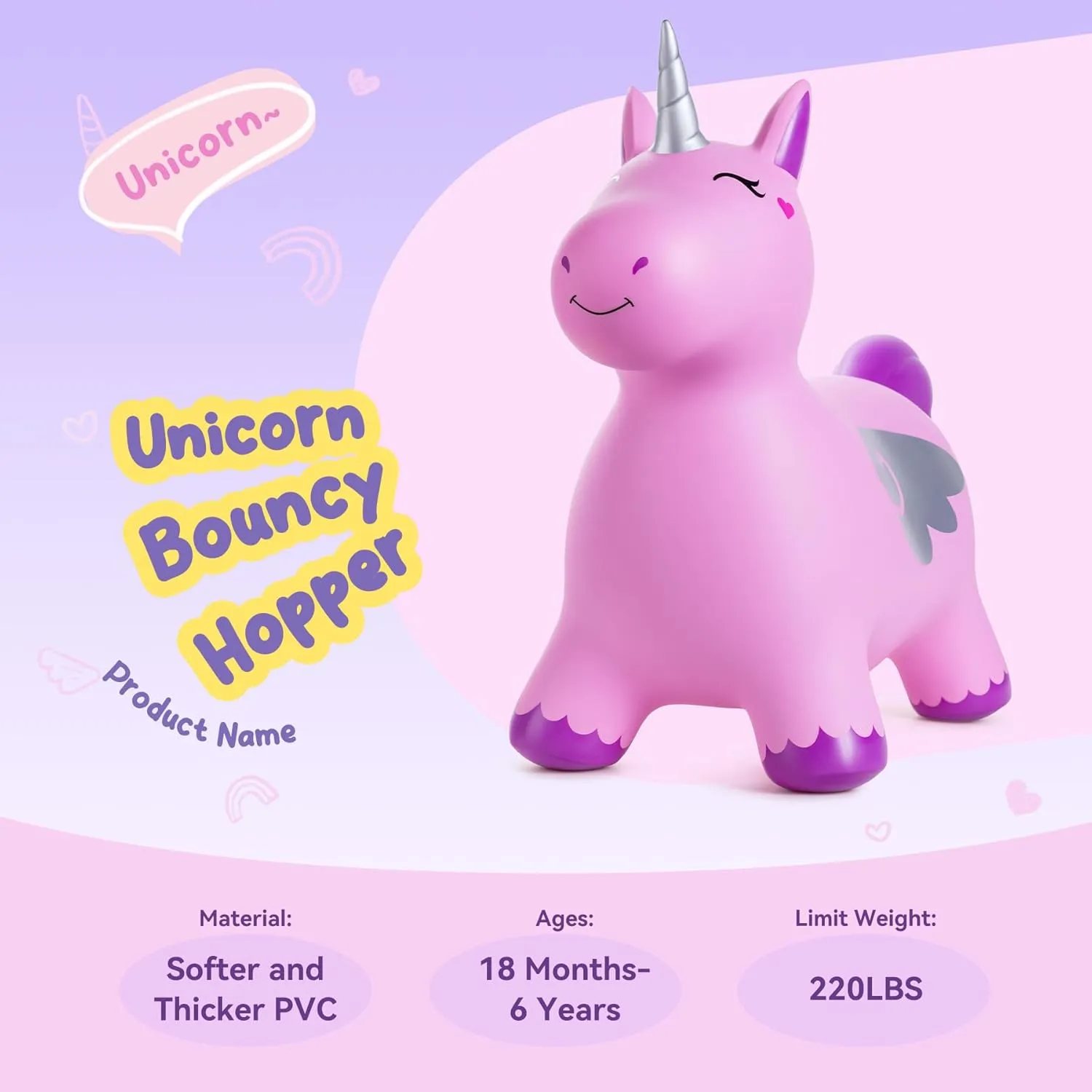 Unicorn Bouncy Hopper, Inflatable Bouncy Horse Hopping Toys for Toddlers, Indoor Outdoor Bounce and Ride On Bouncer Boys Girls, Birthday Gifts for 18 Months 2 3 4 5 6 Year Old with Pump