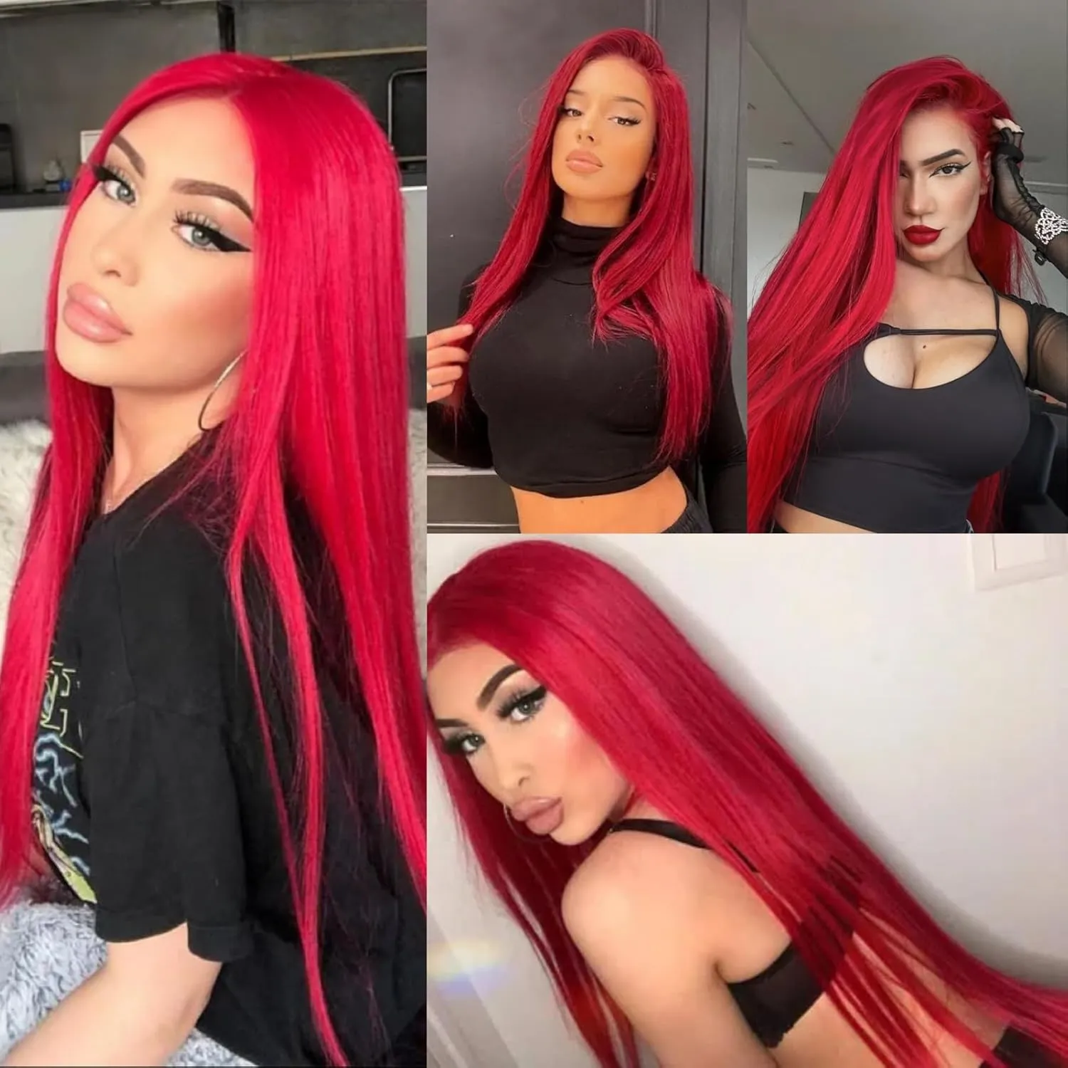 Unique Red Wig Long Straight Lace Front Wig Free Part Pre Plcuked Glueless Synthetic Wig Dark Red Straight Wig Heat Resistant Fiber Wigs for Women Daily Party Cosplay