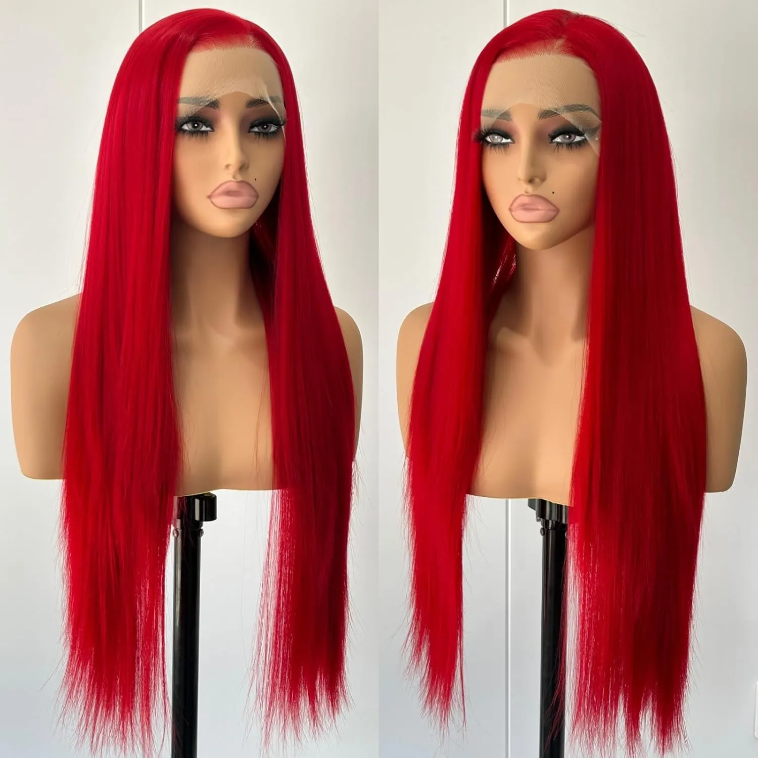 Unique Red Wig Long Straight Lace Front Wig Free Part Pre Plcuked Glueless Synthetic Wig Dark Red Straight Wig Heat Resistant Fiber Wigs for Women Daily Party Cosplay
