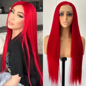 Unique Red Wig Long Straight Lace Front Wig Free Part Pre Plcuked Glueless Synthetic Wig Dark Red Straight Wig Heat Resistant Fiber Wigs for Women Daily Party Cosplay