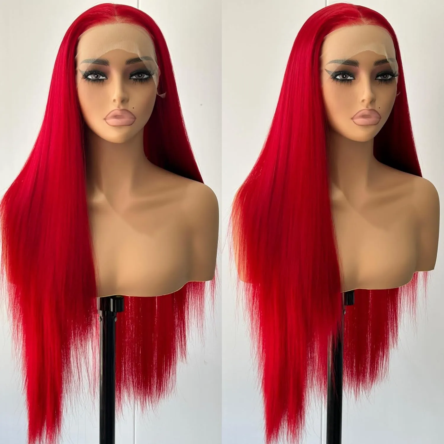 Unique Red Wig Long Straight Lace Front Wig Free Part Pre Plcuked Glueless Synthetic Wig Dark Red Straight Wig Heat Resistant Fiber Wigs for Women Daily Party Cosplay