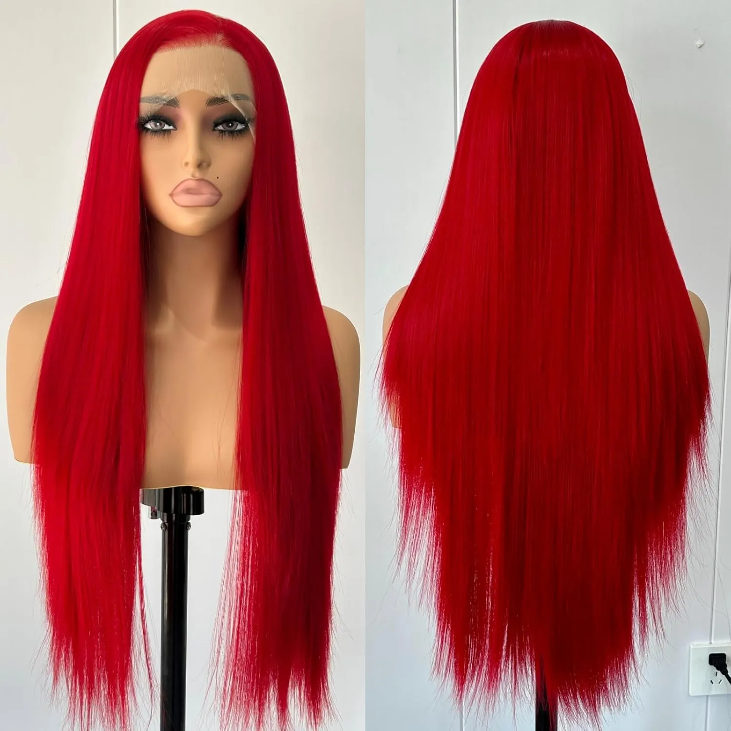 Unique Red Wig Long Straight Lace Front Wig Free Part Pre Plcuked Glueless Synthetic Wig Dark Red Straight Wig Heat Resistant Fiber Wigs for Women Daily Party Cosplay