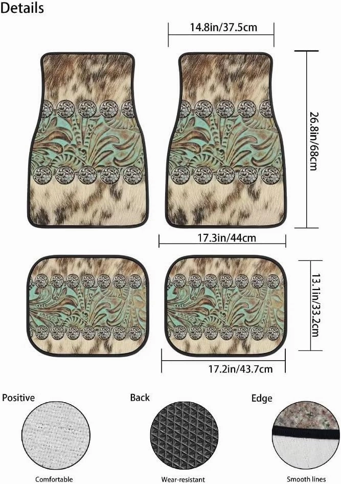 Universal Car Floor Mats Set of 4,Rustic Brown Beige Teal Western Country Cowboy Tooled Leather Vehicle Front Rear Carpets Non-Slip Rugs Auto Accessories Fit for SUV Van Truck