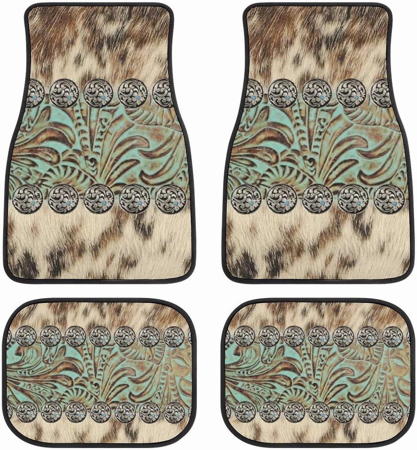 Universal Car Floor Mats Set of 4,Rustic Brown Beige Teal Western Country Cowboy Tooled Leather Vehicle Front Rear Carpets Non-Slip Rugs Auto Accessories Fit for SUV Van Truck
