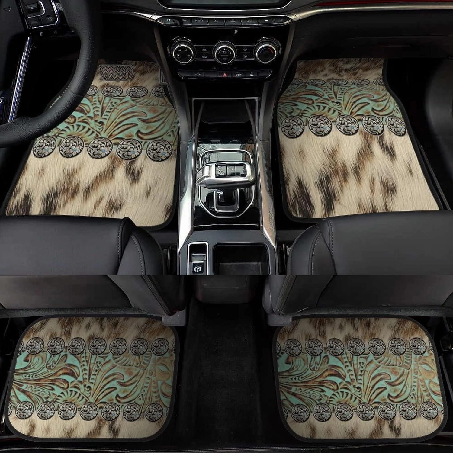 Universal Car Floor Mats Set of 4,Rustic Brown Beige Teal Western Country Cowboy Tooled Leather Vehicle Front Rear Carpets Non-Slip Rugs Auto Accessories Fit for SUV Van Truck