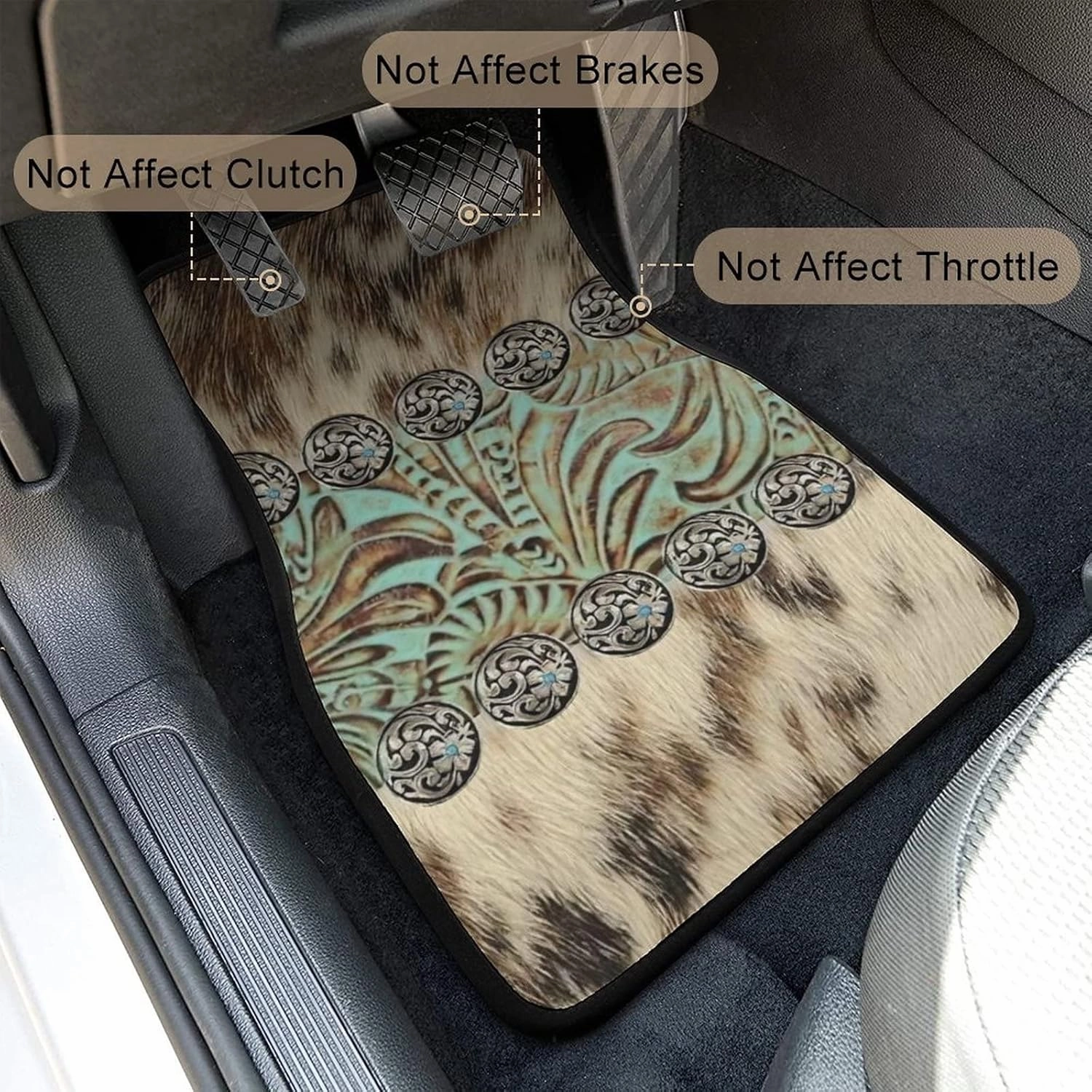 Universal Car Floor Mats Set of 4,Rustic Brown Beige Teal Western Country Cowboy Tooled Leather Vehicle Front Rear Carpets Non-Slip Rugs Auto Accessories Fit for SUV Van Truck