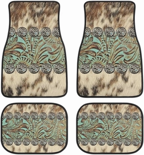 Universal Car Floor Mats Set of 4,Rustic Brown Beige Teal Western Country Cowboy Tooled Leather Vehicle Front Rear Carpets Non-Slip Rugs Auto Accessories Fit for SUV Van Truck