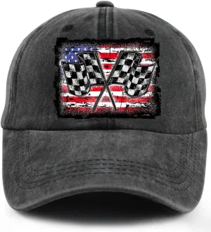 USA Race Car Checkered Flag Hat for Men Women, Funny Adjustable Cotton Racing Baseball Cap
