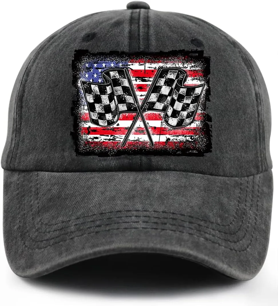 USA Race Car Checkered Flag Hat for Men Women, Funny Adjustable Cotton Racing Baseball Cap