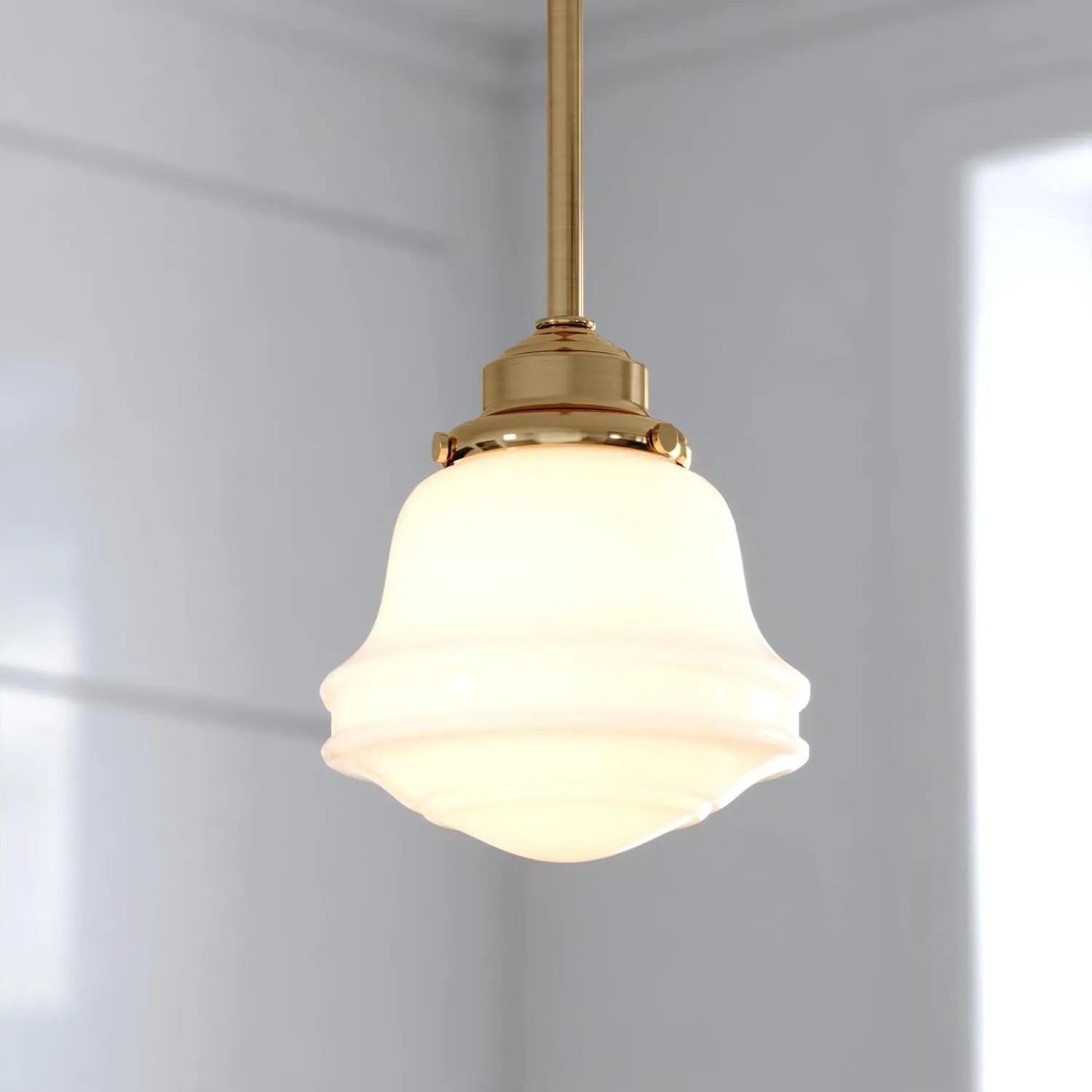 VAXCEL Huntley LED Compatible Gold Brass Farmhouse Mini Pendant Ceiling Light White Schoolhouse Glass